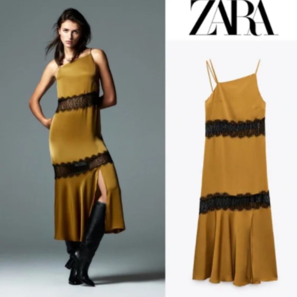 Zara Midi Satin Lace Slip Dress Sz XS, M NWT